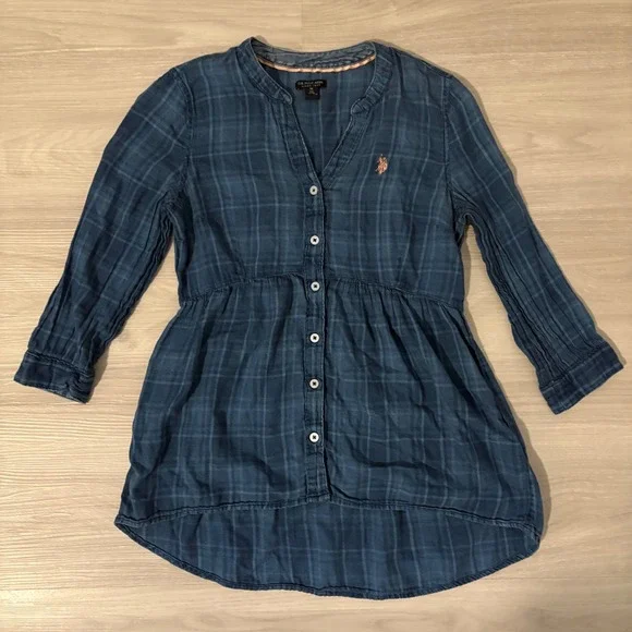 U.S. Polo Assn. Plaid Tunic Shirt Women Blue Button Down Long Sleeve Size Medium - Picture 1 of 15